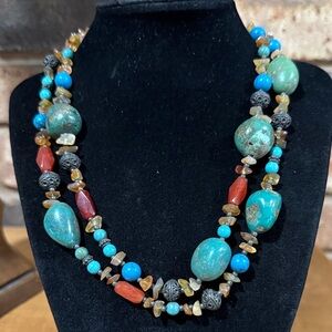 Vintage genuine polished turquoise and natural stone double strand necklace